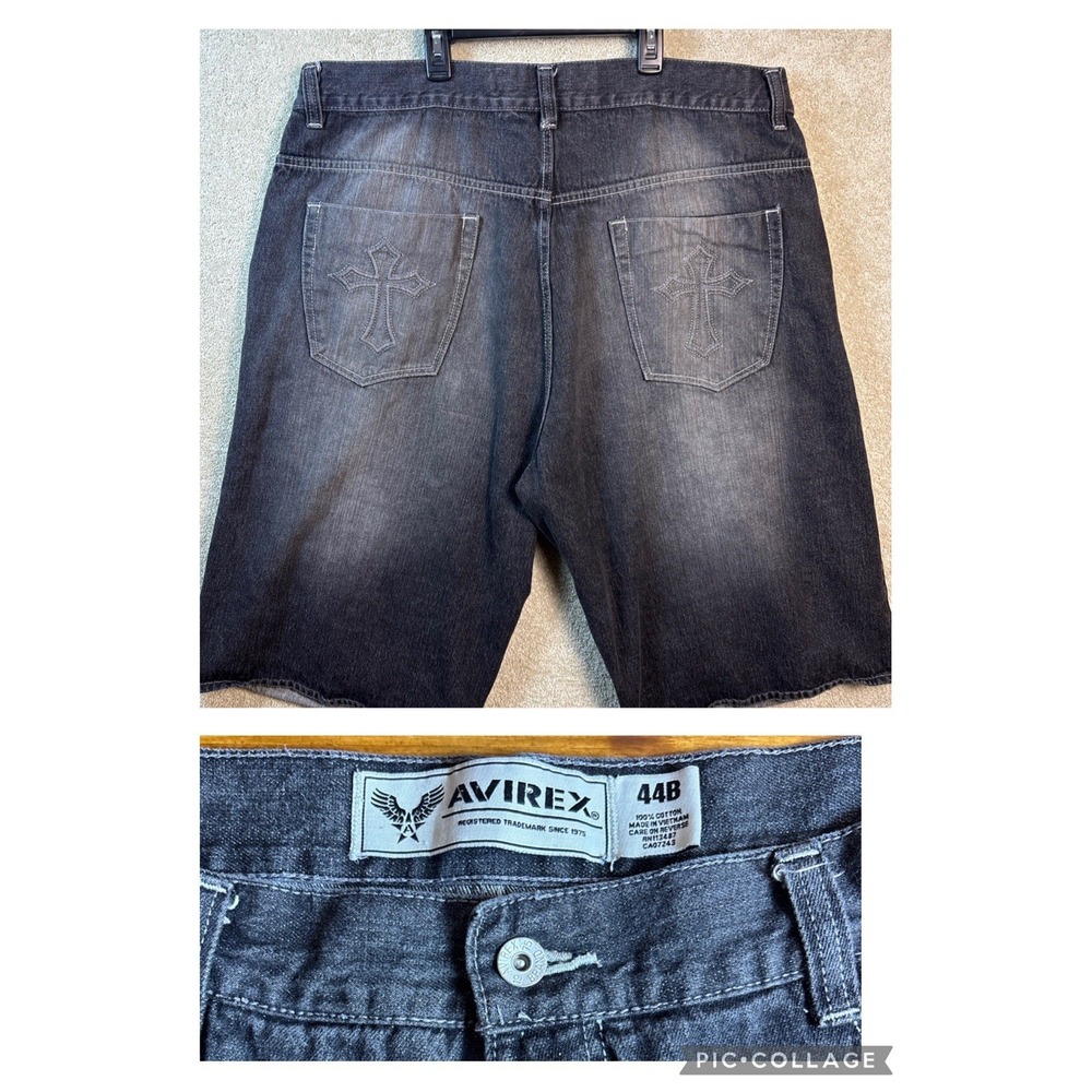 Avirex Denim Shorts Mens 44B (42x15) Gray Wide Leg Baggy Y2K‎ Embroidered Cross